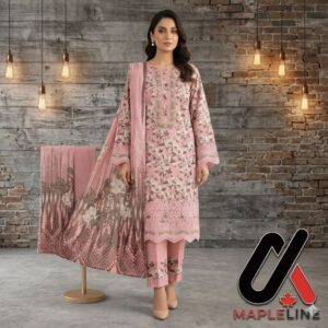 Elegant Pastel Pink Floral Embroidered  3PC Suit